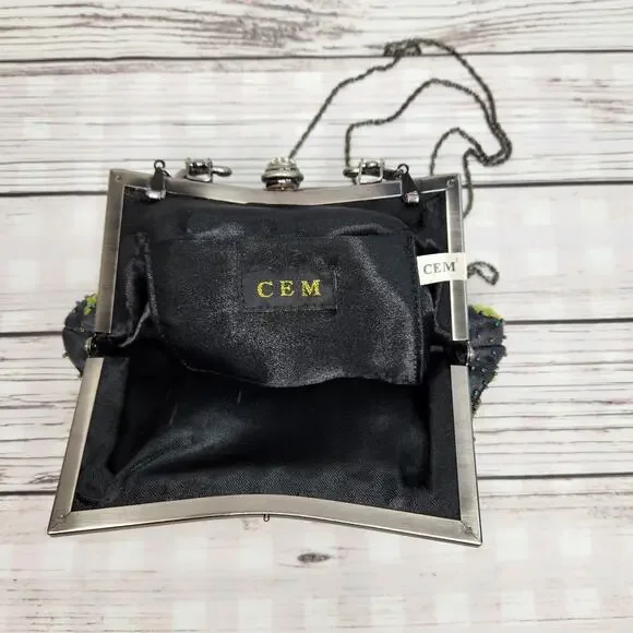 CEM Vintage Black Sequins Silver Handle Purse Mini Bag Floral - Picture 5 of 8